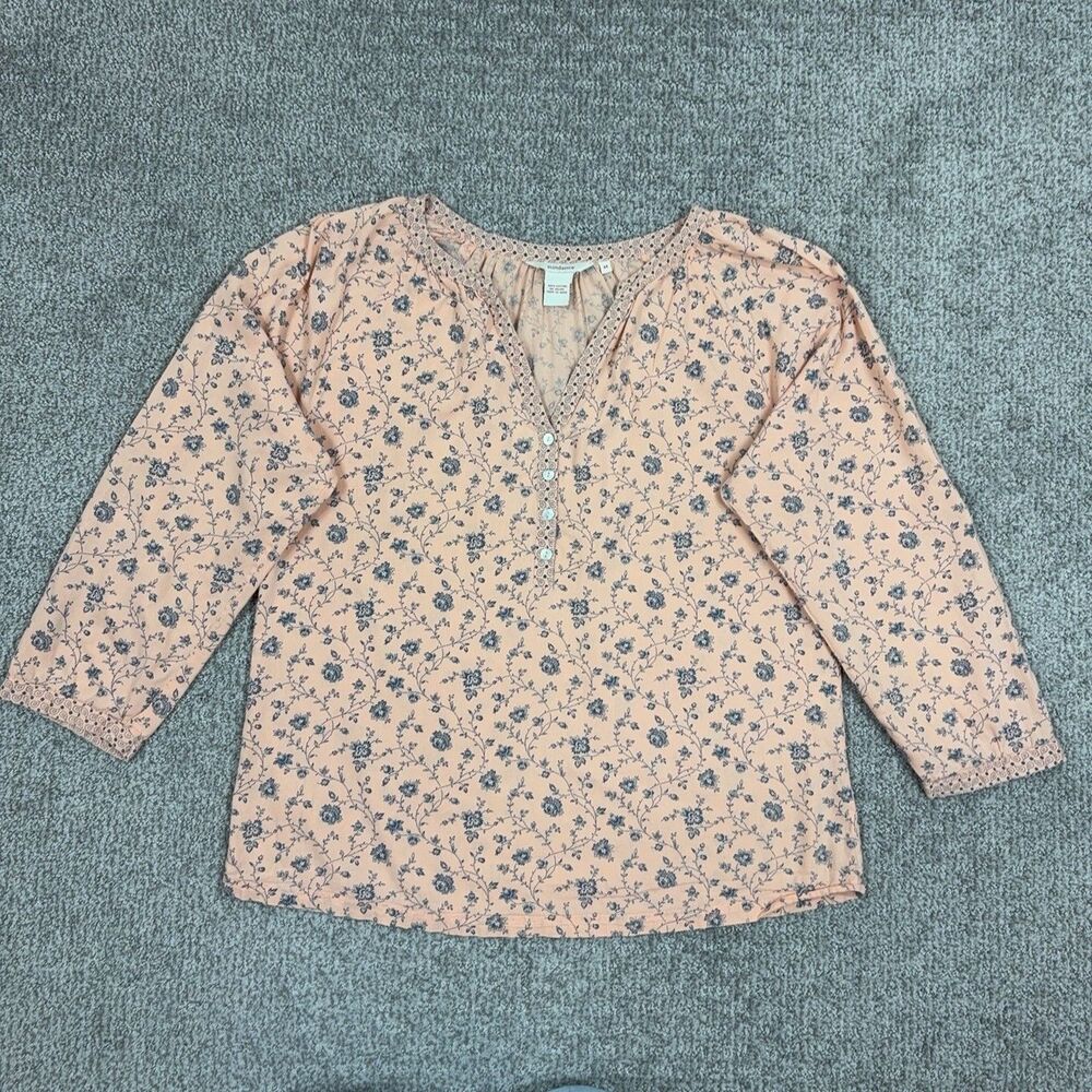 Sundance Top Womens Medium Pink Floral Cotton Henley Peasant Blouse Boho Spring
